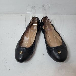 Tory Burch Black New York Snake Print Cap Toe Logo Ballet Flats Size 6.5